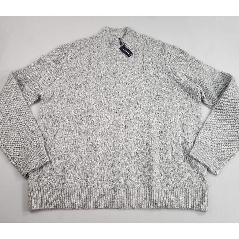 Express Sweater Mens 2XL XXL Grey Cable Knit Wool Blend Stretch 29708765 New
